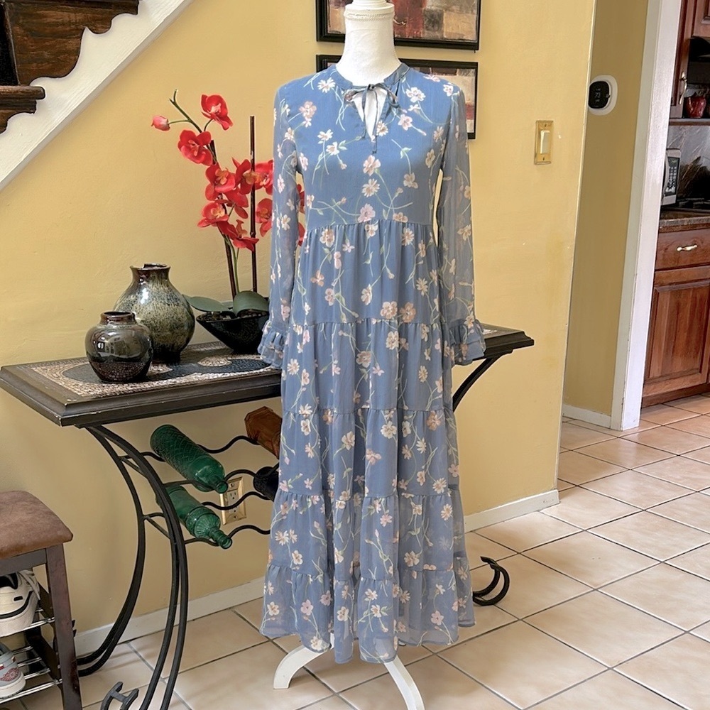 Patrons of Peace Blue Tie Front Floral Tiered Cottage Core Festival Maxi Dress